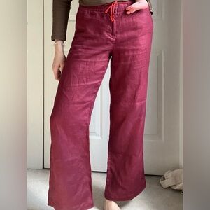 LOFT 100% linen wide leg burgundy pants trousers size 6 LONG